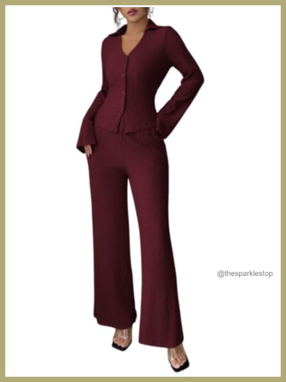 Two Piece Set Collared Button Down Top Wide Leg Pants Dressy Outfit